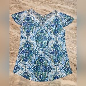 High Fifth Blue Boho Print Top – Size L – Crochet Neck Detail 625